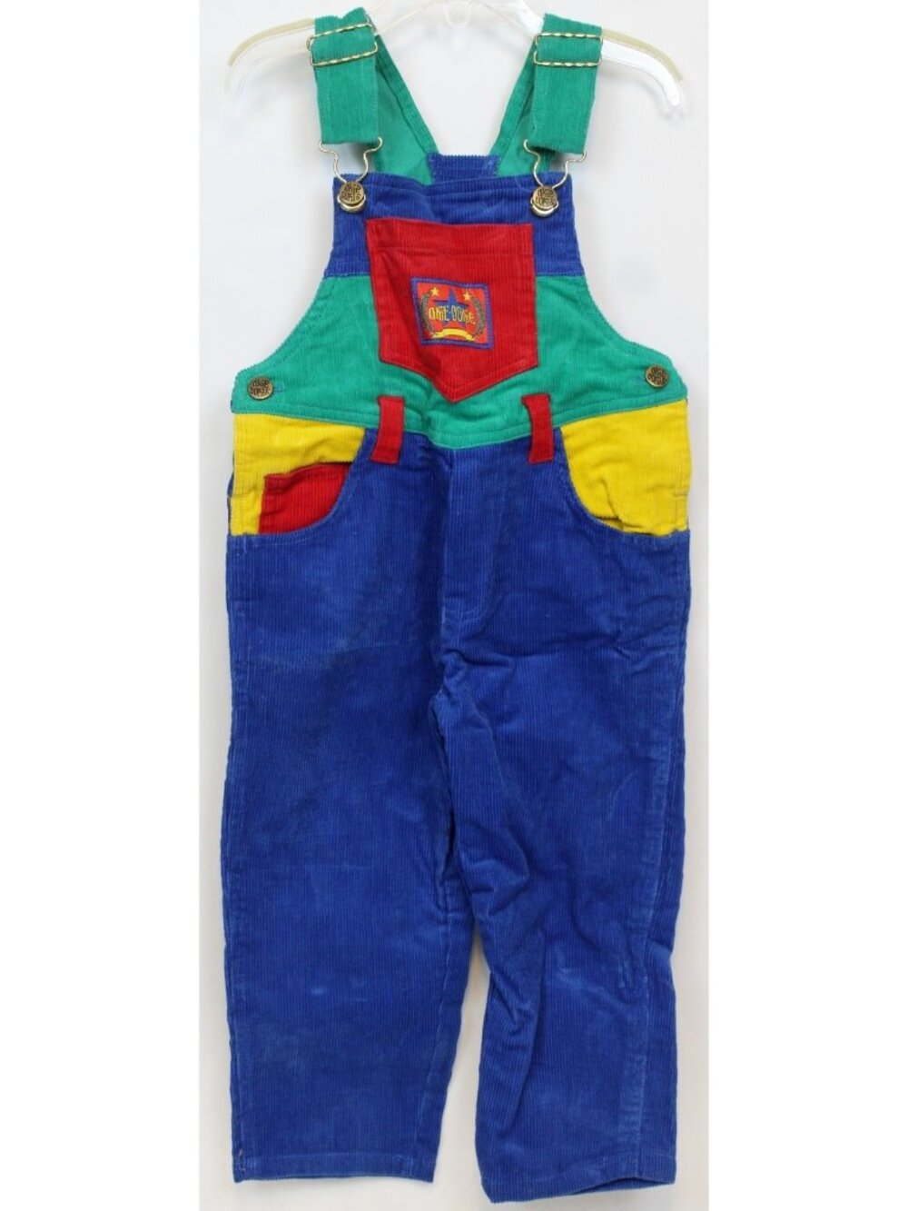 Vtg 90s Okie Dokie Color Block Corduroy Overalls Boys sz 4T Primary Blue Yellow